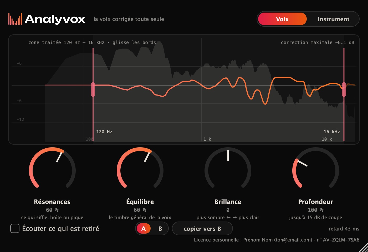 Interface d'Analyvox : le spectre de la voix et la courbe de correction