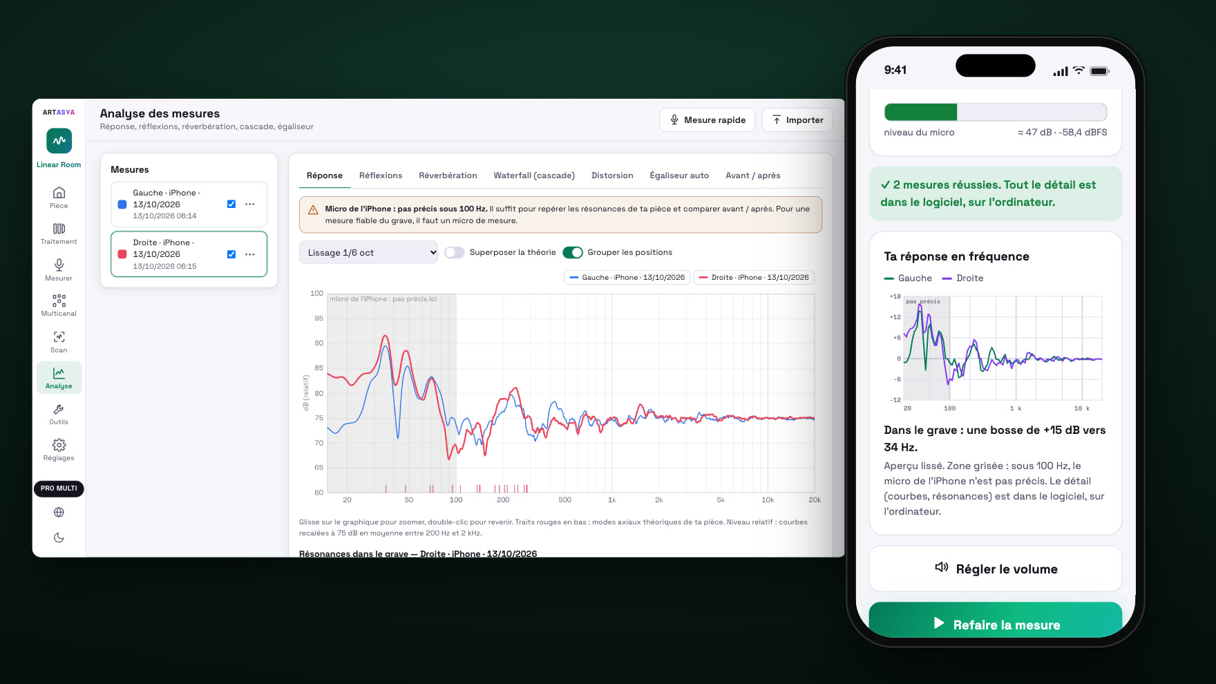 Le logiciel Linear Room sur l'ordinateur et l'app sur l'iPhone, reliés : la mesure vient de se terminer, les deux affichent la courbe de réponse de la pièce